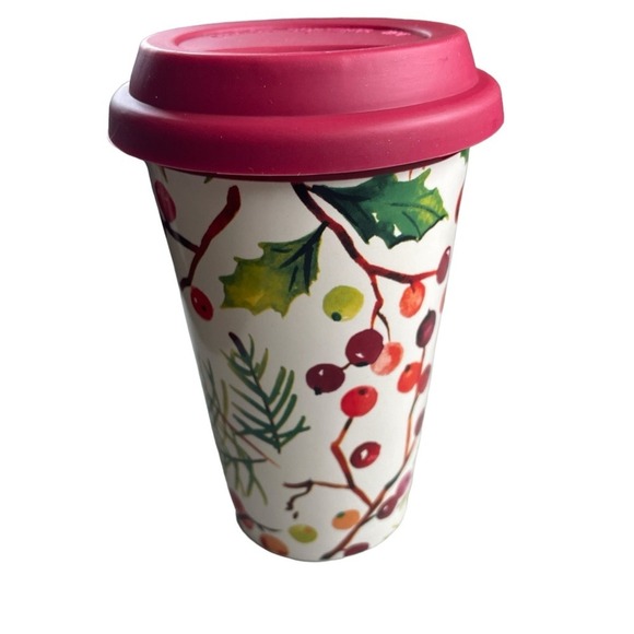 Longaberger Other - Longaberger Pottery Holly Berry Holiday Travel Cup W/Silicone Lid, *Discontinued